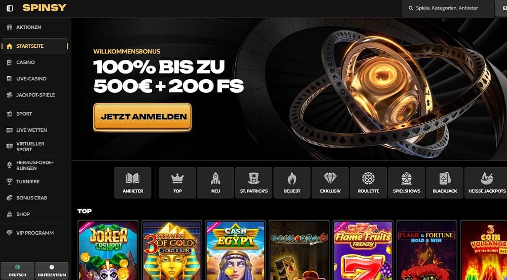 Spinsy Casino homepage screenshot.